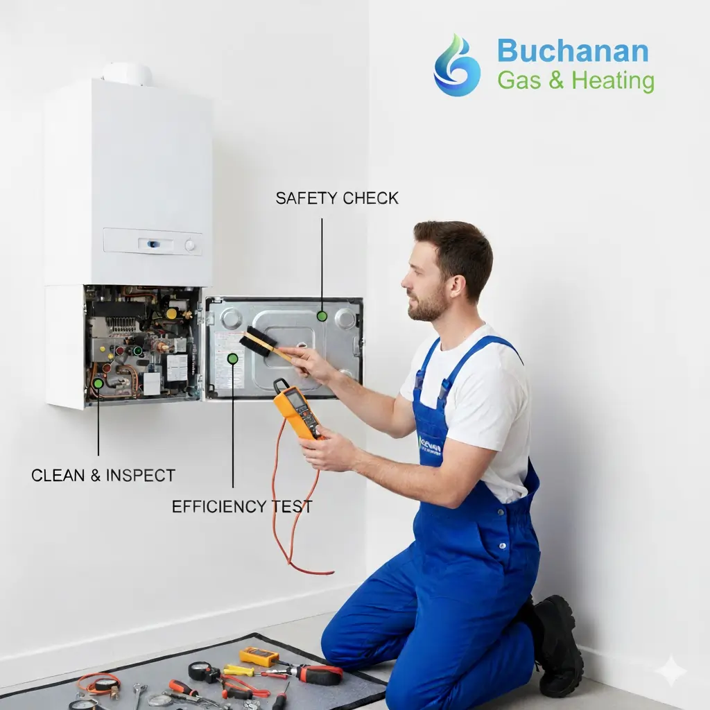 annual-boiler-servicing-maintenance-buchanan-heating A professional Buchanan Gas & Heating engineer, in work uniform, performs an annual boiler service, cleaning and inspecting the internal components of a domestic boiler to ensure safety and efficiency.