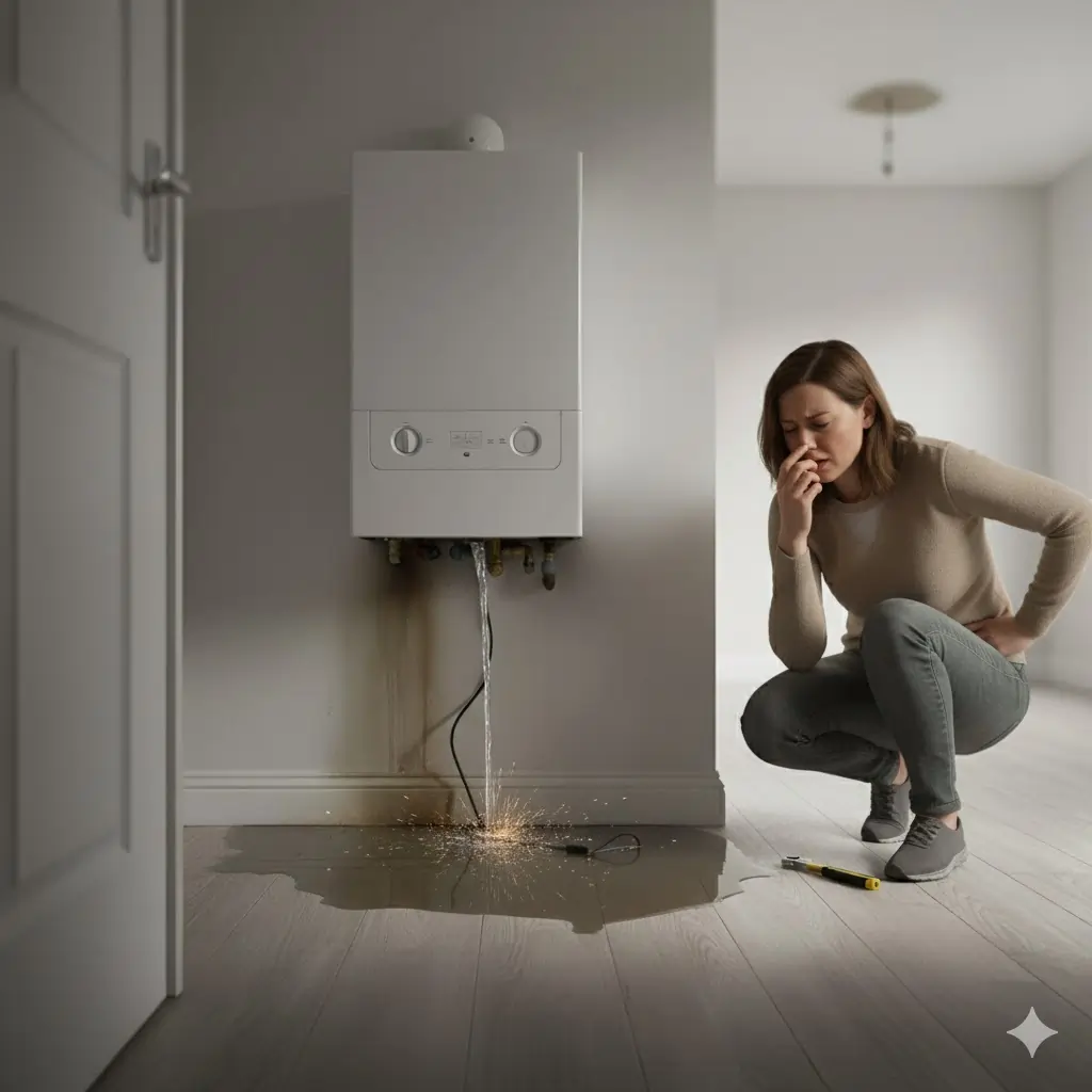 boiler-water-leak-homeowner-problem Homeowner looking concerned or problematic while kneeling to inspect a visible water leak dripping from a residential boiler unit onto the floor.