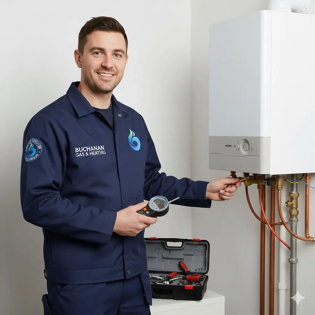 buchanan-gas-heating-boiler-engineer-coatbridge A gas engineer from Buchanan Gas & Heating smiling while checking a modern white domestic boiler.