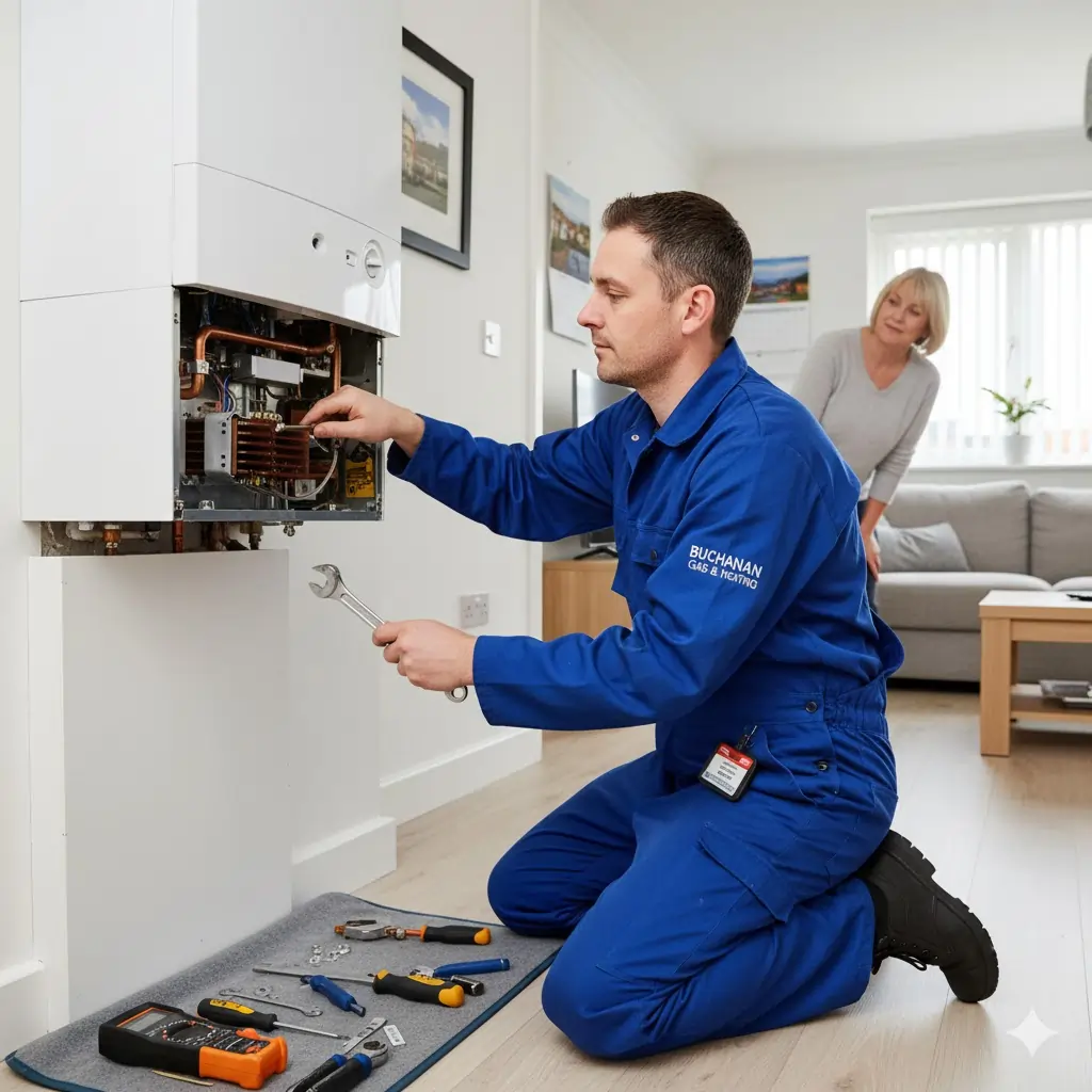 A gas engineer from Buchanan Gas & Heating diligently works on an open boiler unit, with tools laid out, ensuring home heating reliability.