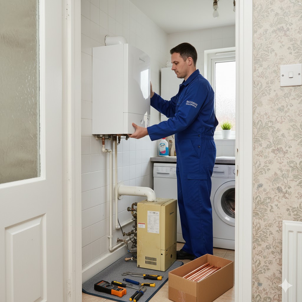 heating-engineer-installing-new-boiler-service Gas engineer, wearing Buchanan Gas & Heating workwear, actively replacing an old boiler with a new, highly efficient model in a residential utility space.