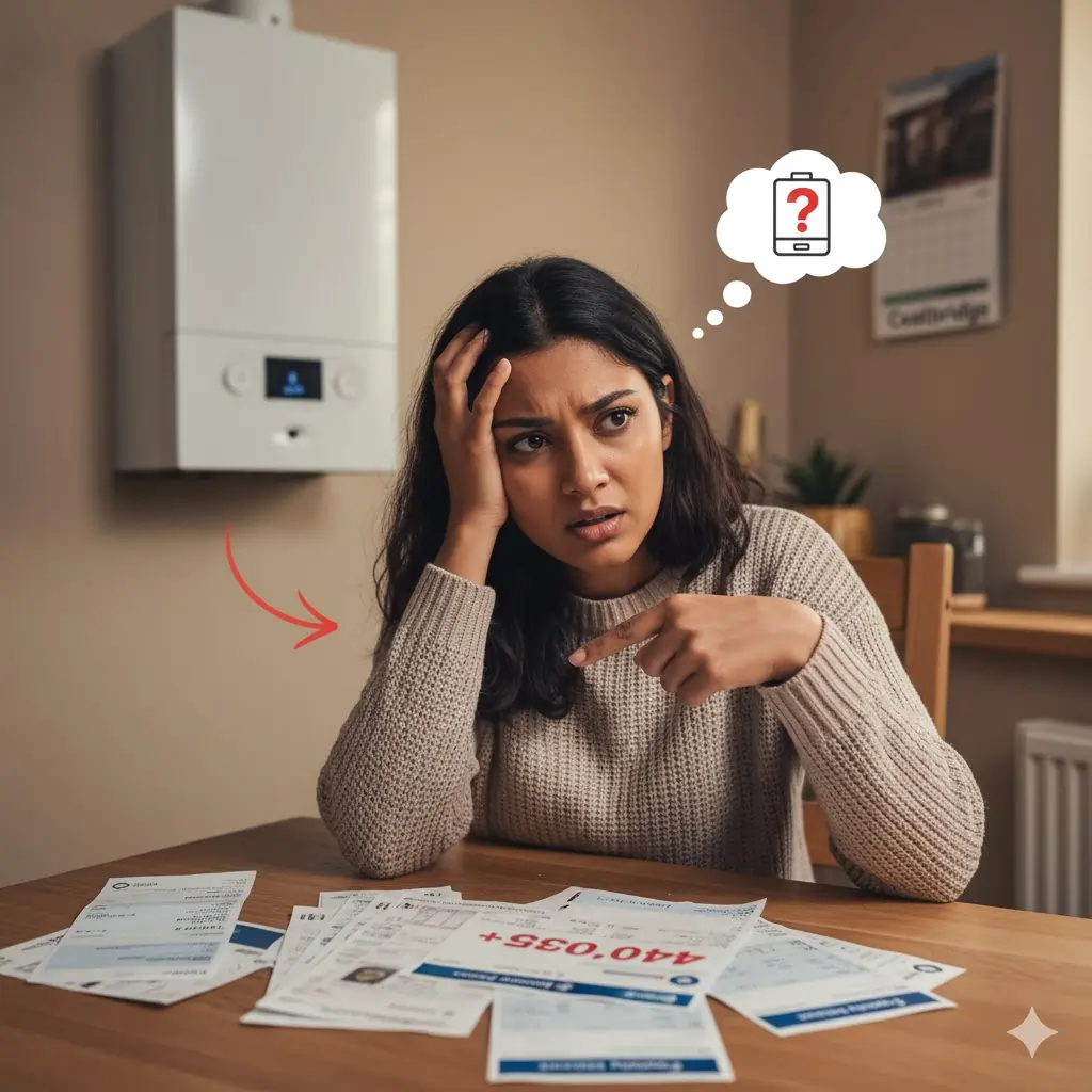spiked-energy-bill-boiler-issue Woman in Coatbridge looking confused and concerned while examining utility bills with inflated GBP amounts, indicative of a boiler inefficiency or malfunction driving up household energy expenses.