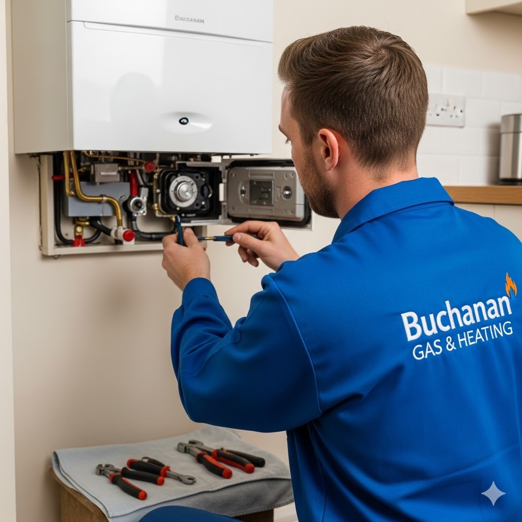 Buchanan Gas & Heating engineer in blue uniform servicing a home boiler.