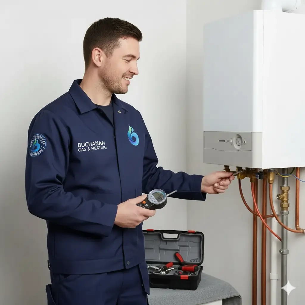 Gas safe engineer from Buchanan Gas & Heating performing routine boiler maintenance or boiler repairs in a Glasgow home.