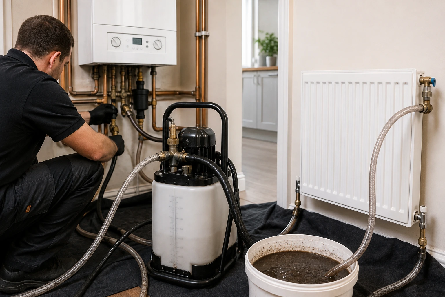 Professional power flush for a central heating system to remove sludge and improve radiator circulation