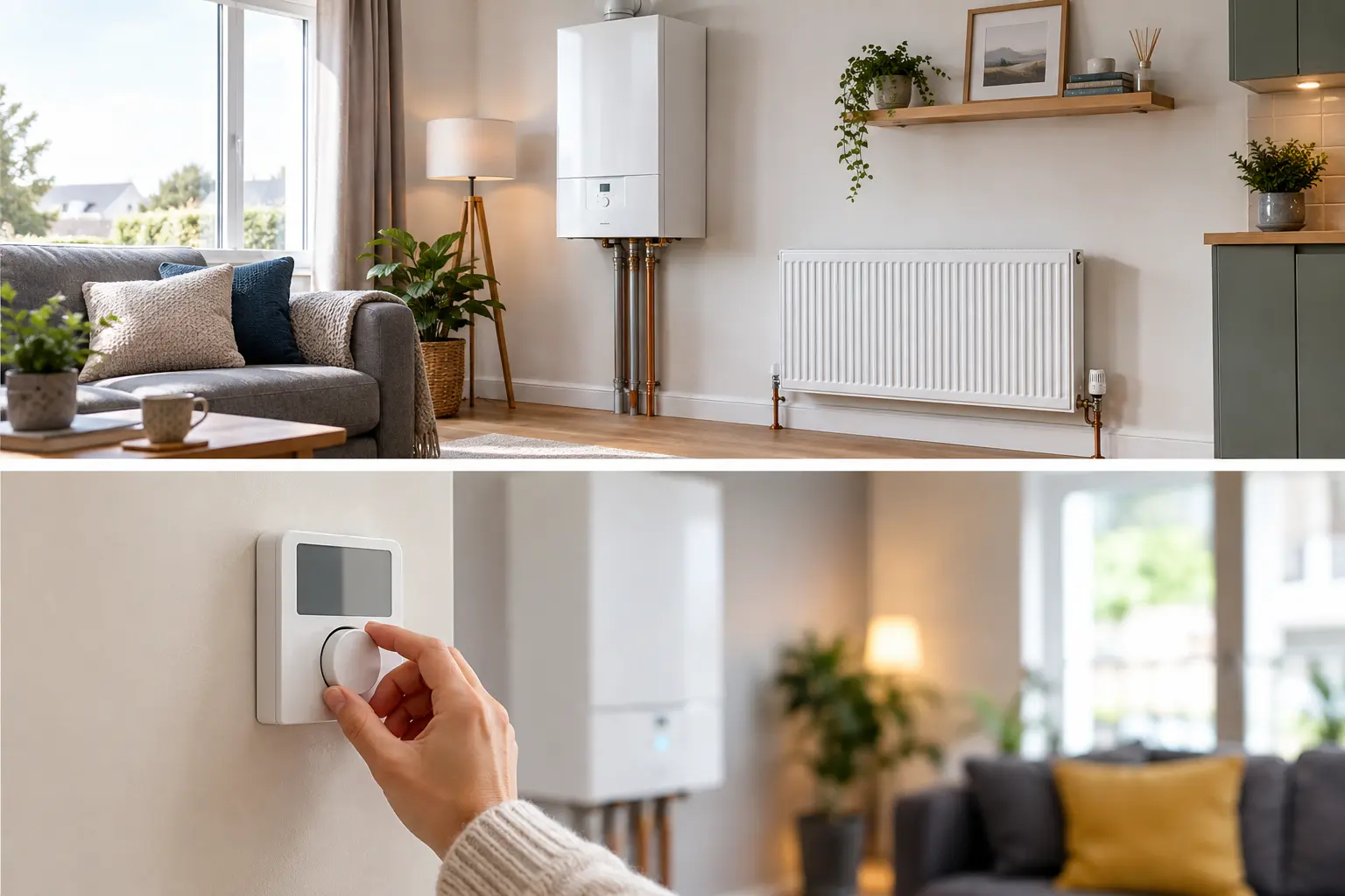 Modern home with an efficient central heating system, boiler, radiator and thermostat